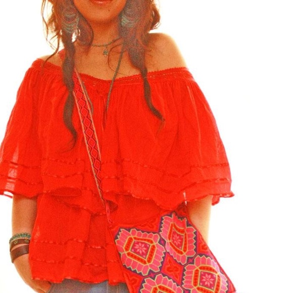 Mexican Embroidered Blouse Angel Sleeves Lace Boho